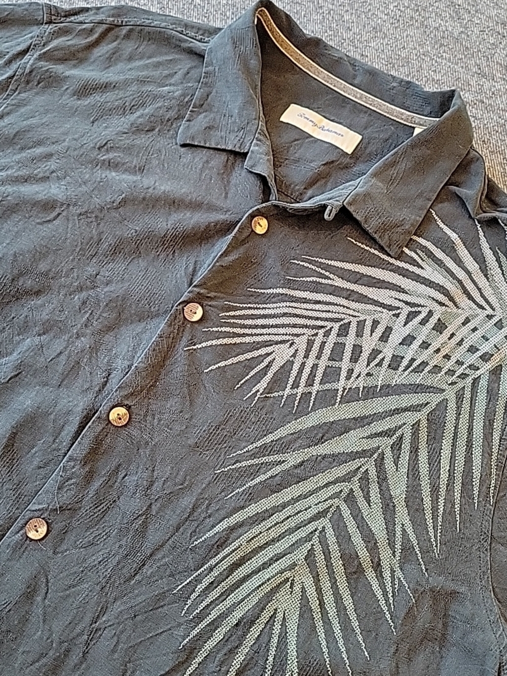 TOMMY BAHAMA Silk Shirt Men's 2XB Black Floral Embroidered Palm Leaf Camp Collar